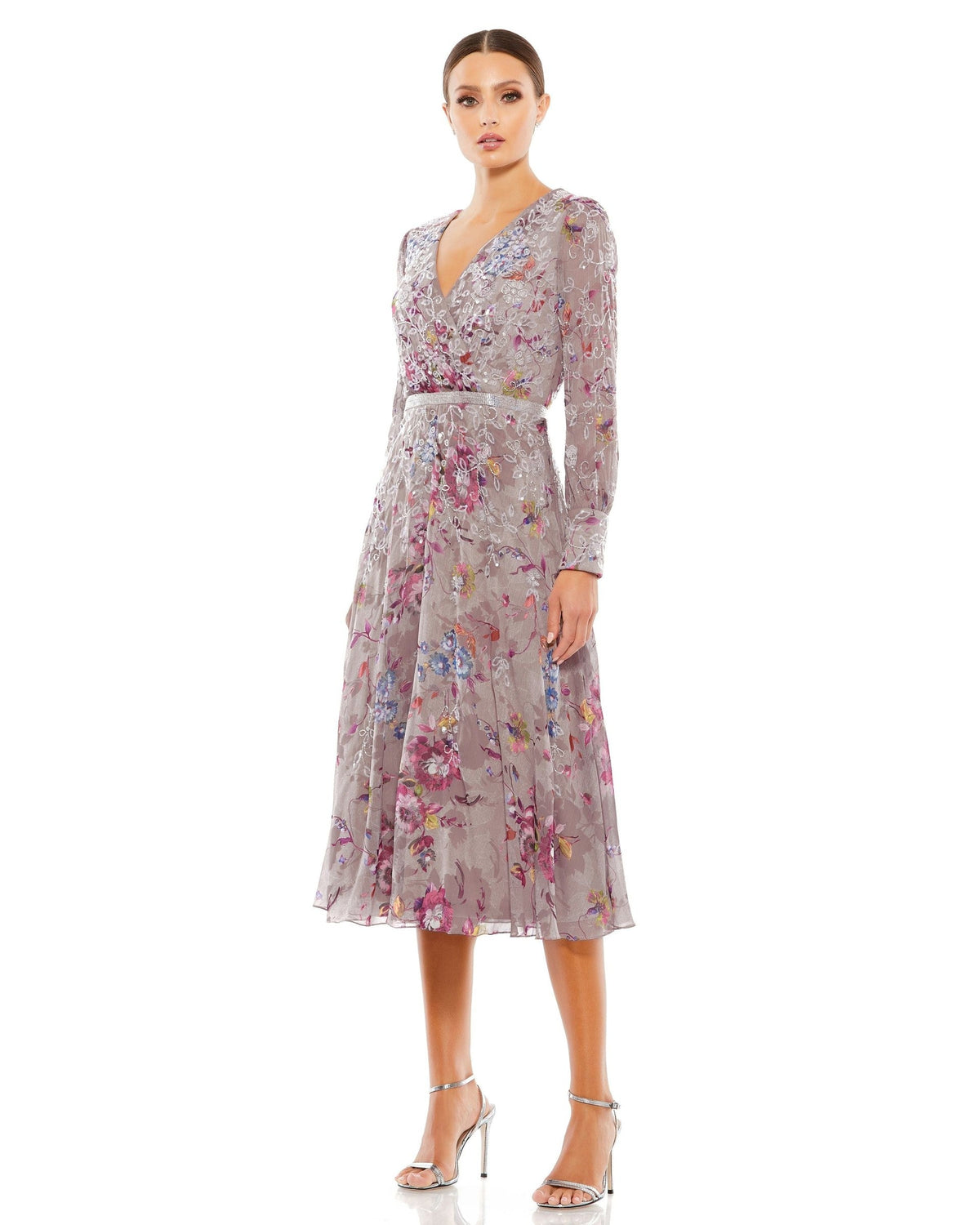 Mauve Multi Hand Embellished Floral Long Sleeve Midi Dress