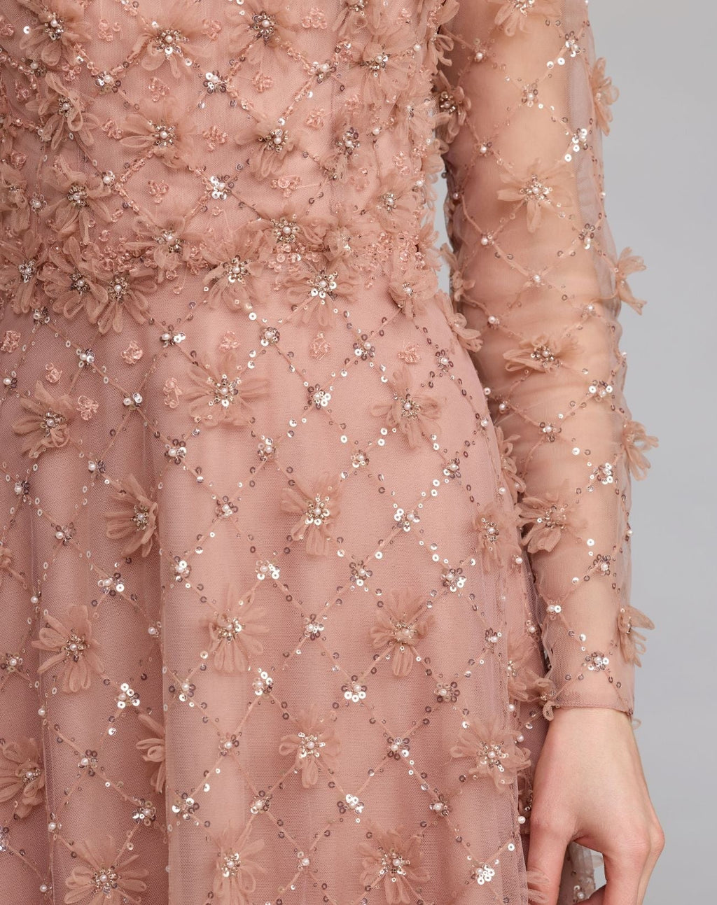 Mocha High Neck Long Sleeve Embellished A-Line Gown