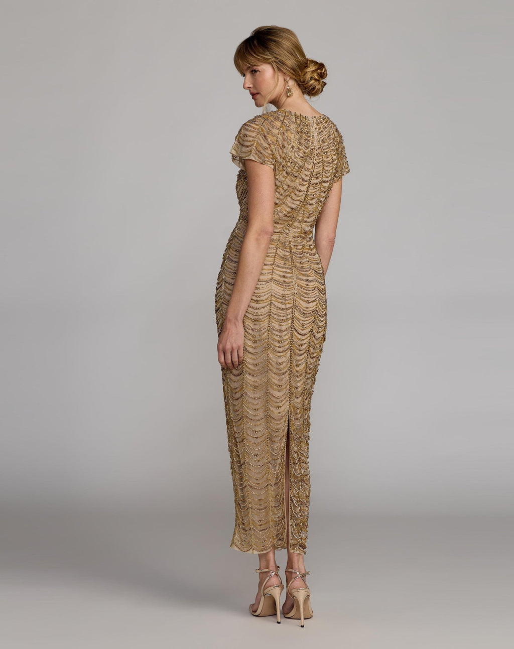 Gold Beaded Cap Sleeve Column Dress