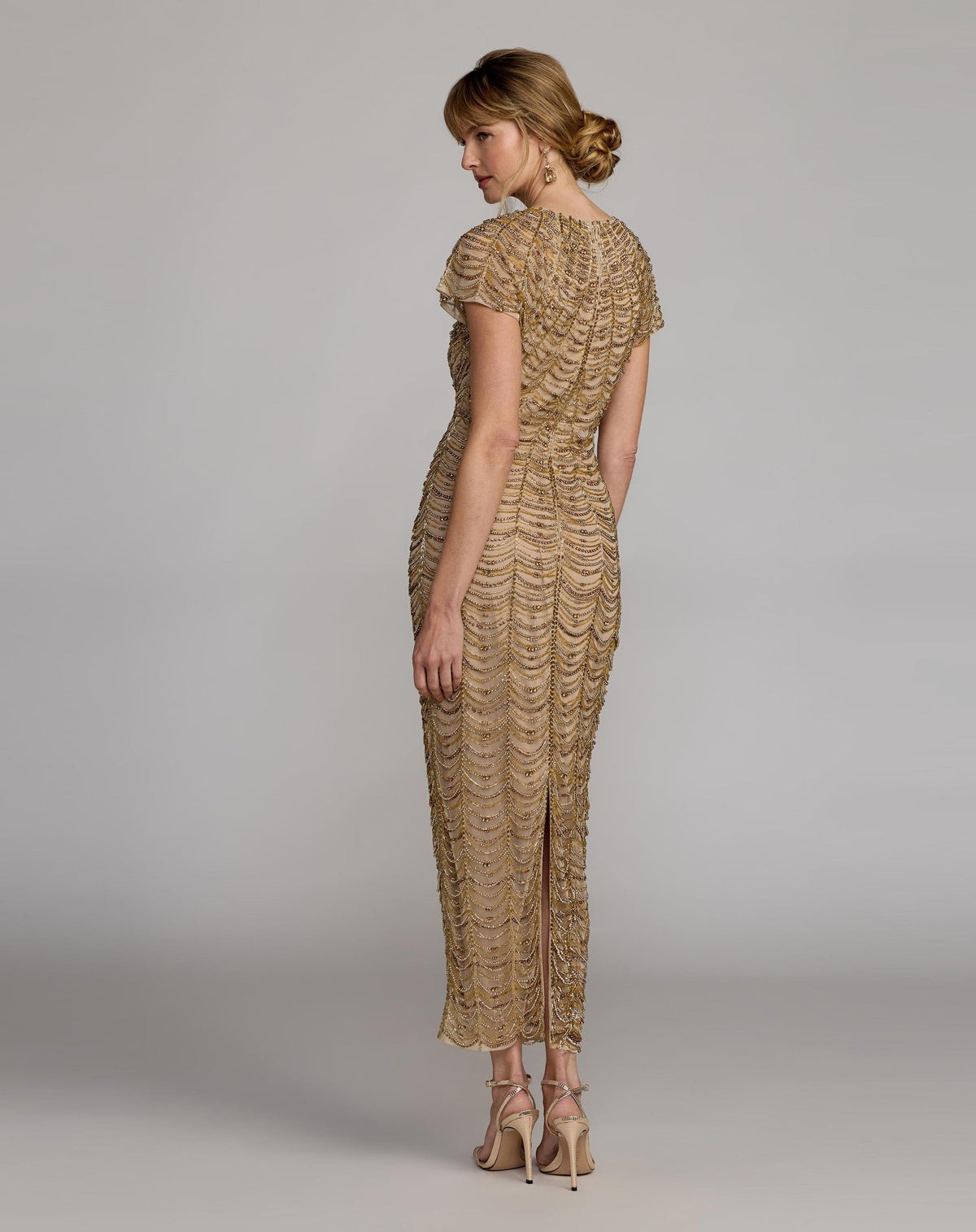 Gold Beaded Cap Sleeve Column Dress