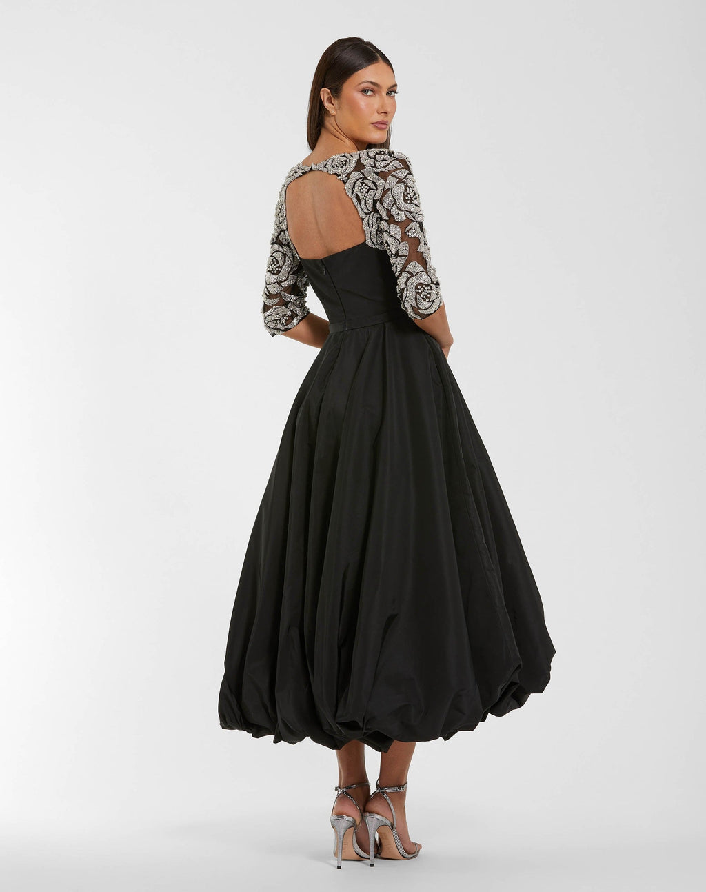 Black Bubble Hem Midi Dress With Embellished Sleeves