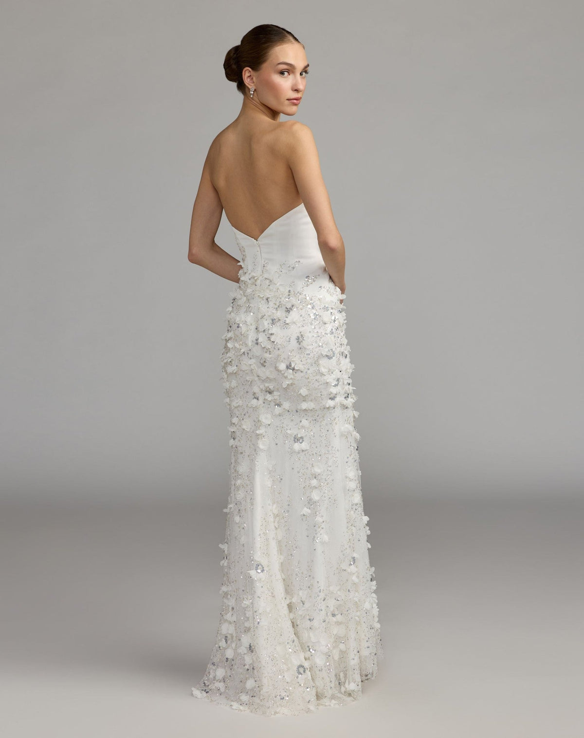 Ivory Strapless 3D Floral Embellished Crepe Gown With Slit