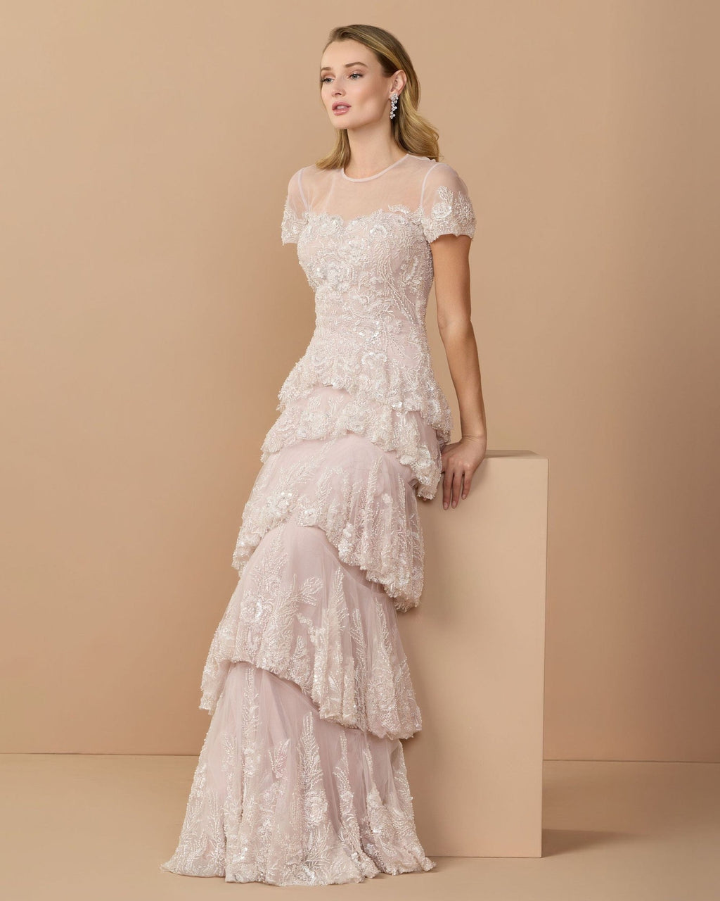 Rose Multi Embellished High Neck Gown With Tiered Ruffle Skirt
