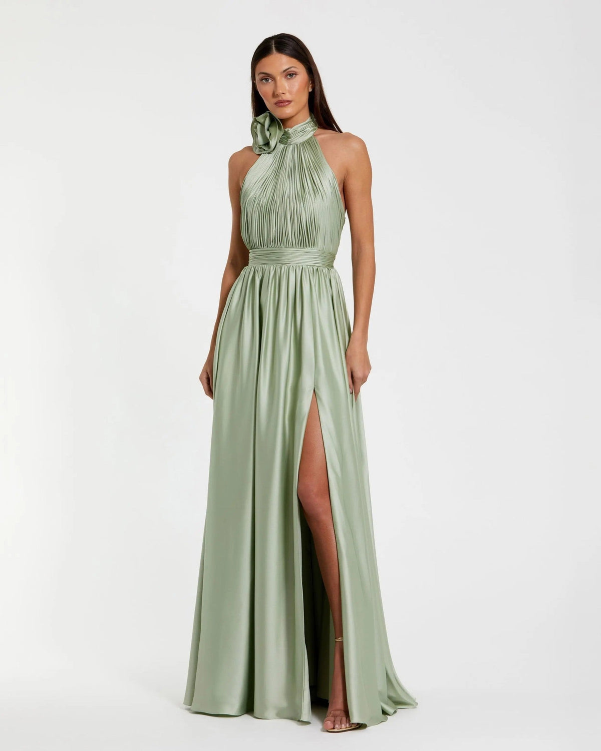 Sage Halter Neck Open Back Satin Gown With Slit