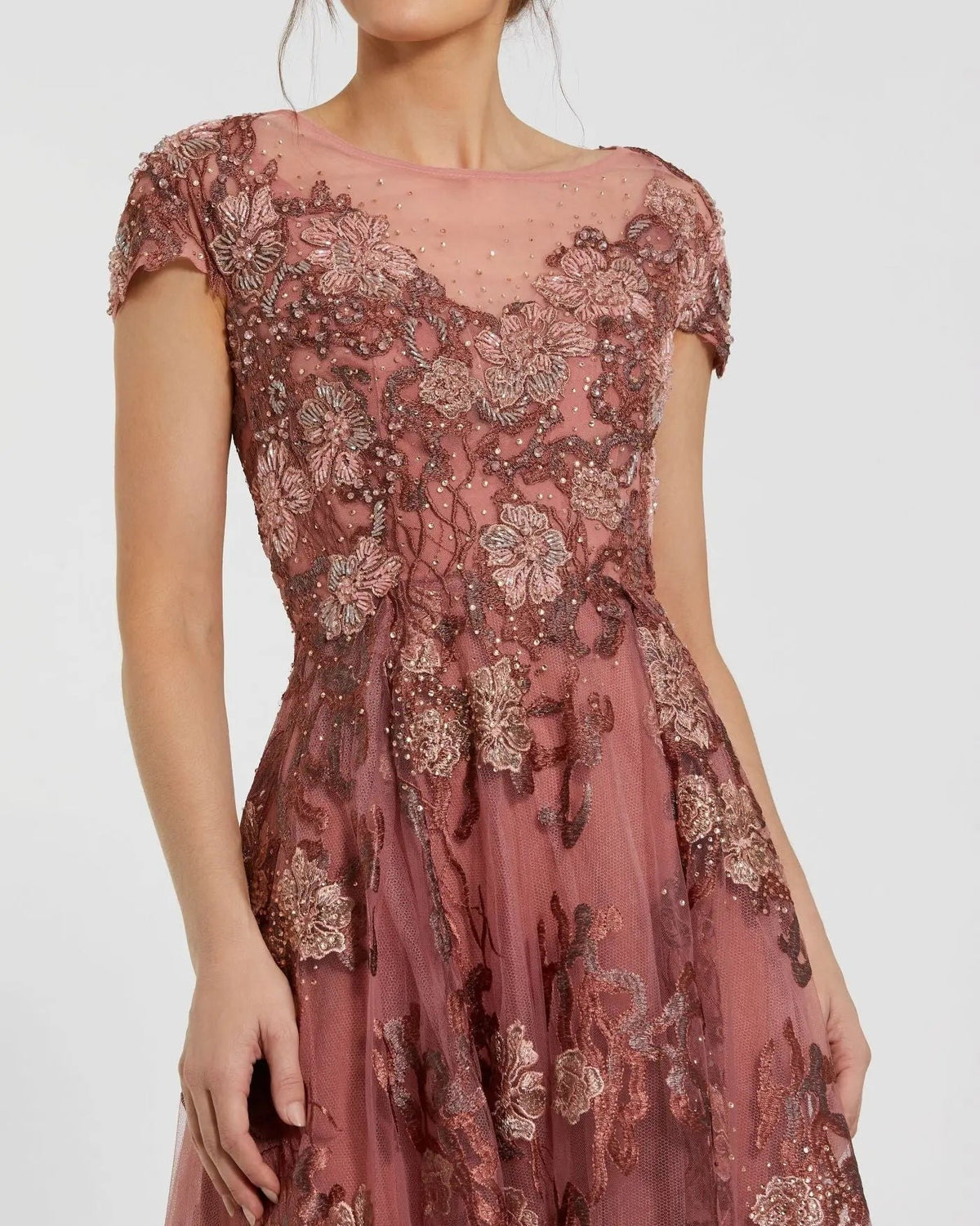 Cinnamon Floral Embroidered Cap Sleeve Evening Gown