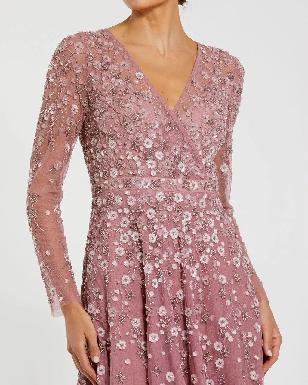 Berry Embellished Wrap Over Illusion Long Sleeve A Line Gown