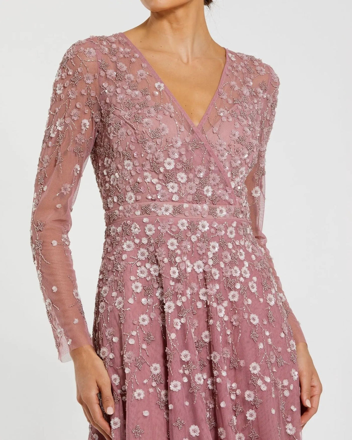 Berry Embellished Wrap Over Illusion Long Sleeve A Line Gown
