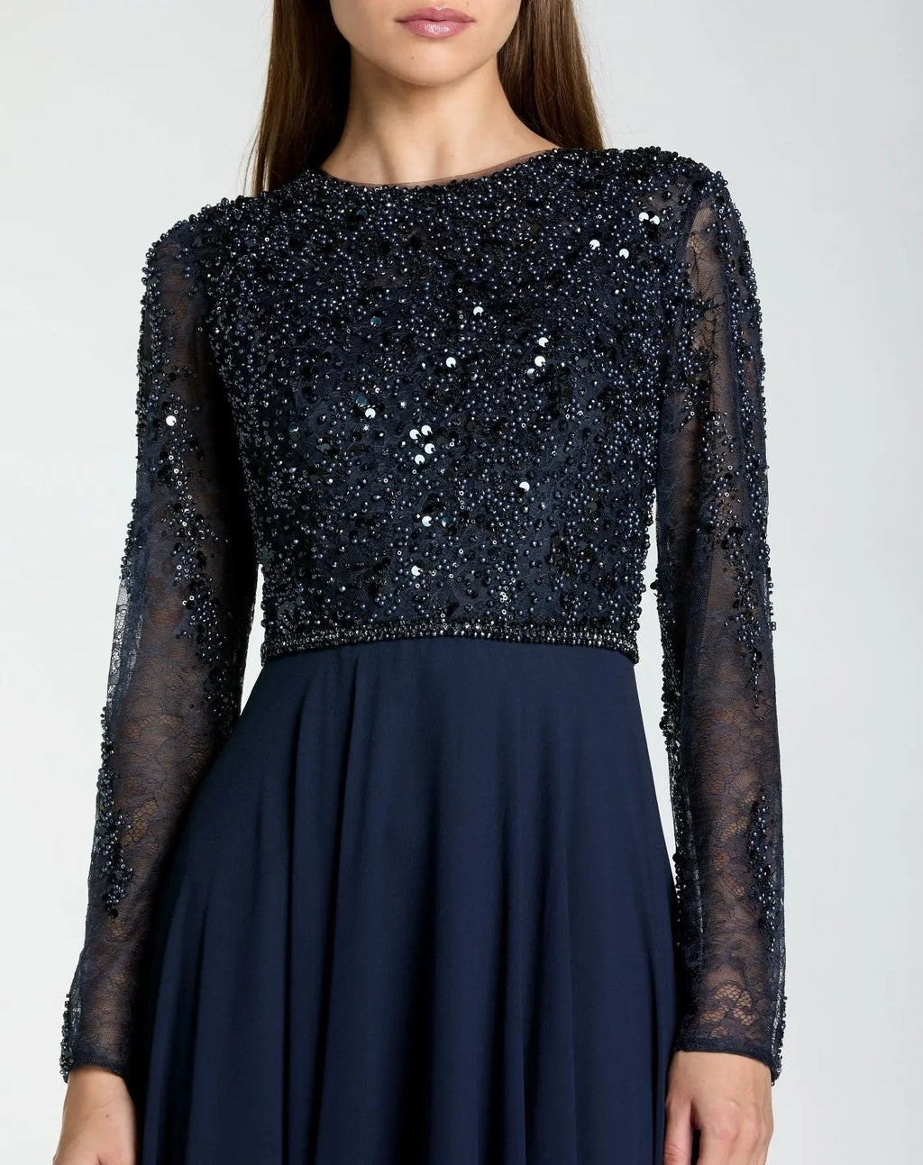 Navy Embellished Lace Long Sleeve Gown With Chiffon Skirt