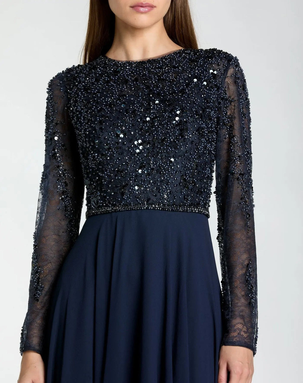 Navy Embellished Lace Long Sleeve Gown With Chiffon Skirt