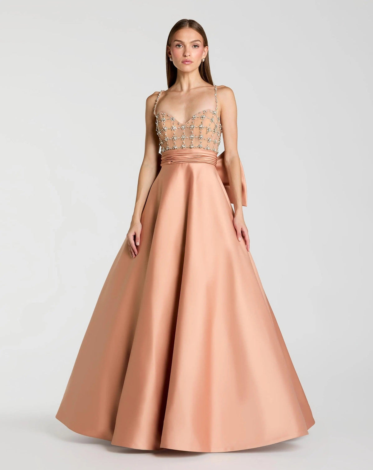 Peach Embellished Bodice Sweetheart Neck Satin Ball Gown