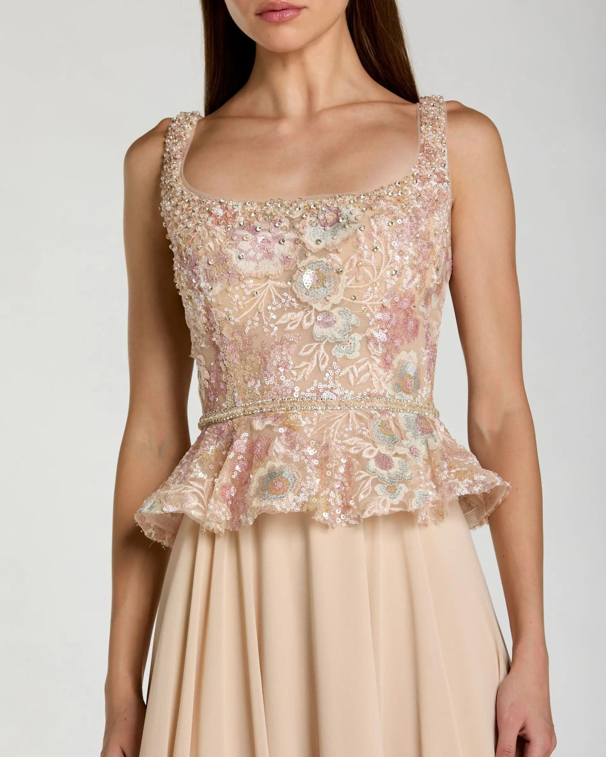 Beige Embroidered Peplum Top With Chiffon Skirt Gown