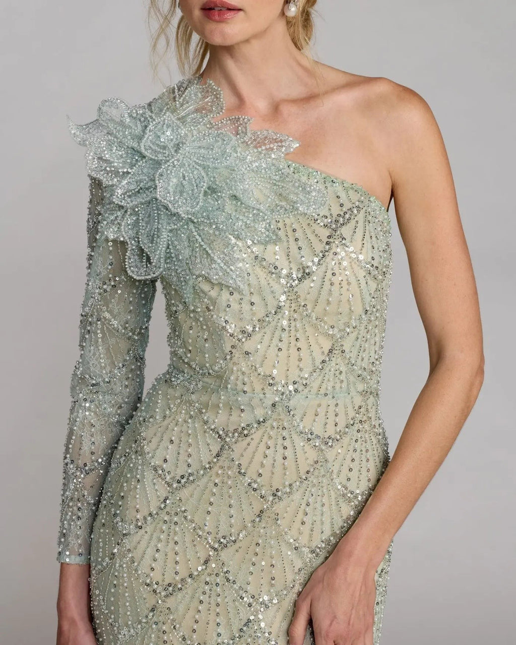 Seafoam One Shoulder Embellished Gown With Floral Accent