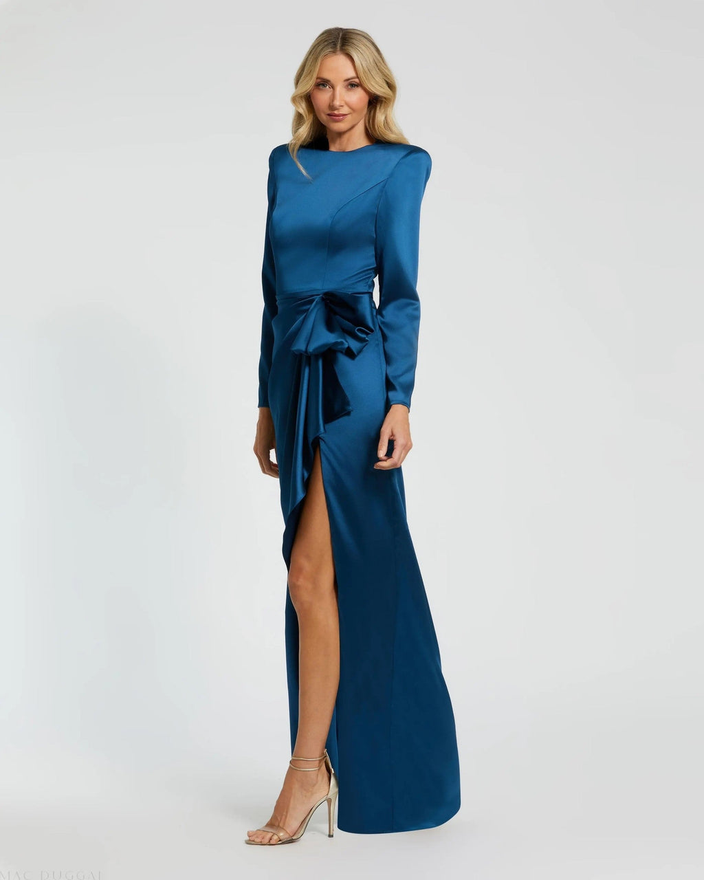 Blue Long Sleeve Satin Structured Bow Draped Column Gown