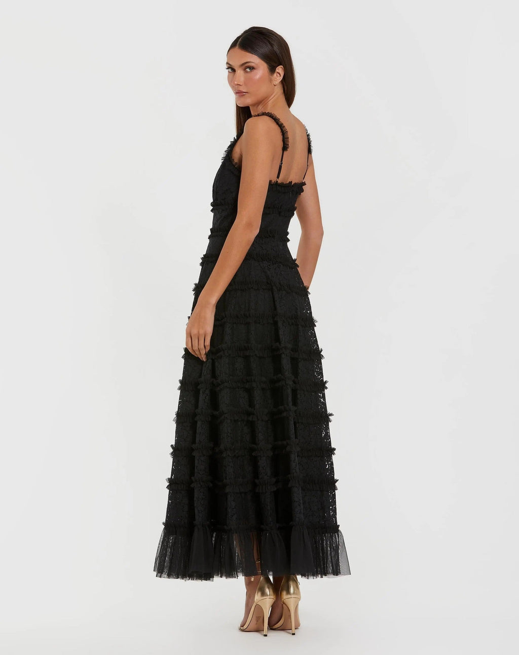 Black Floral Lace Ruffle Maxi Dress