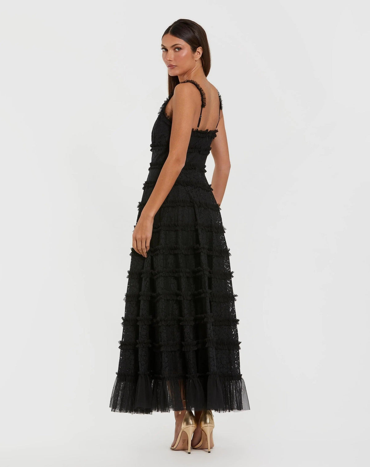 Black Floral Lace Ruffle Maxi Dress