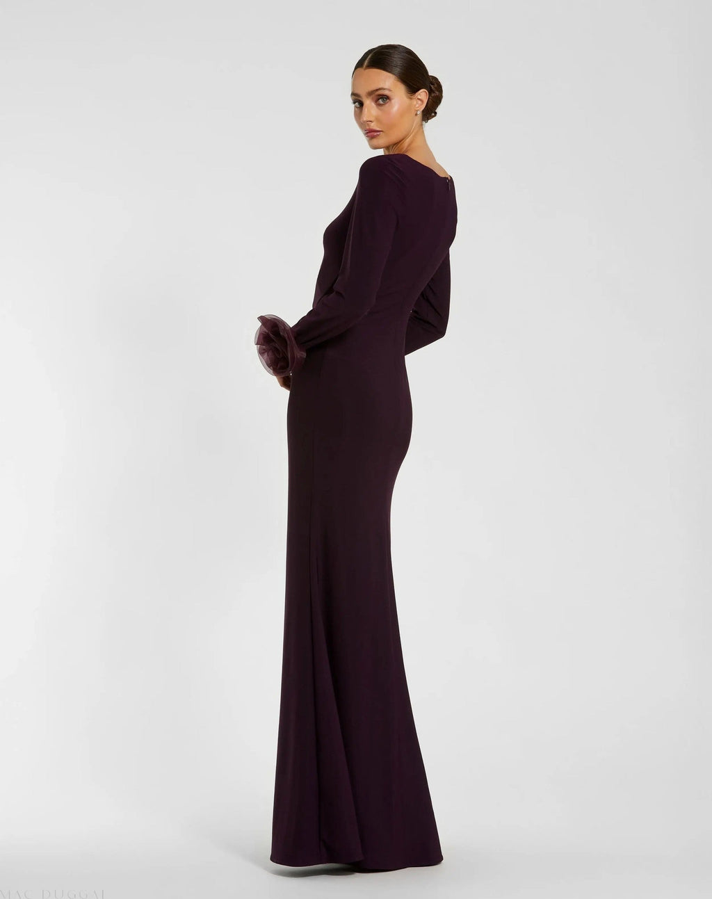 Purple Long Sleeve Fitted Jersey Gown With 3D Flowers