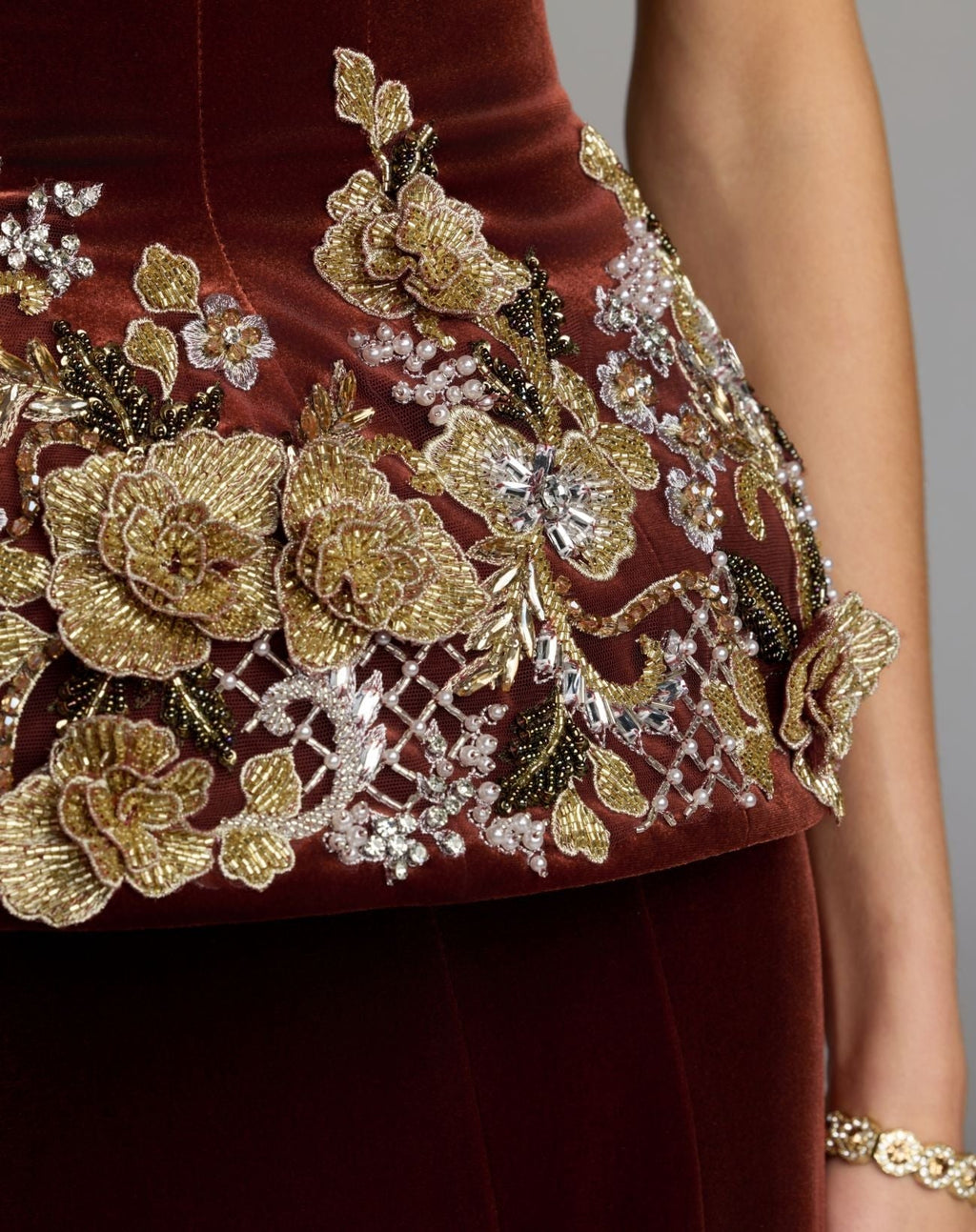Cognac Strapless Embellished Velvet Peplum Gown