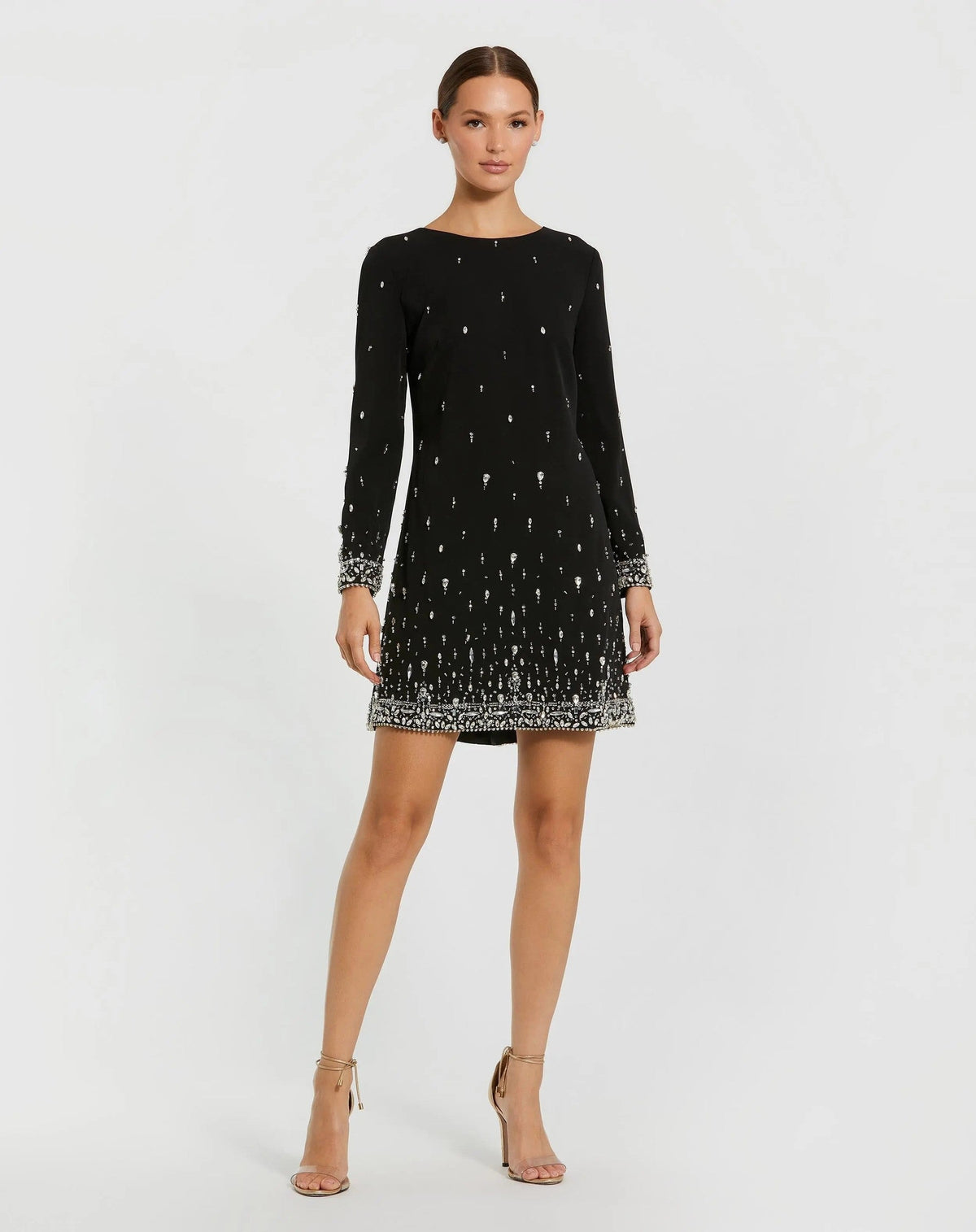 Black Embellished Crepe Long Sleeve Mini Dress