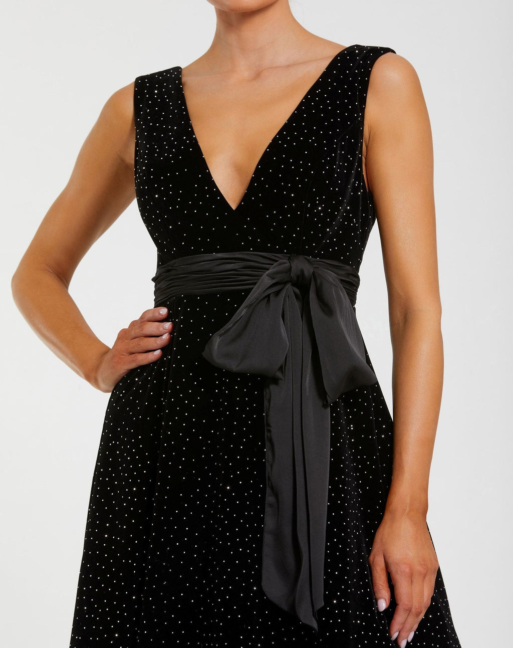 Black Embellished Velvet Midi Dress With Bow