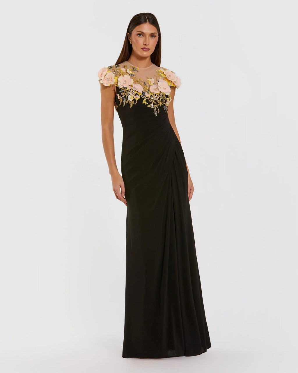 Black Multi 3D Floral Hand Embellished Jersey Gown