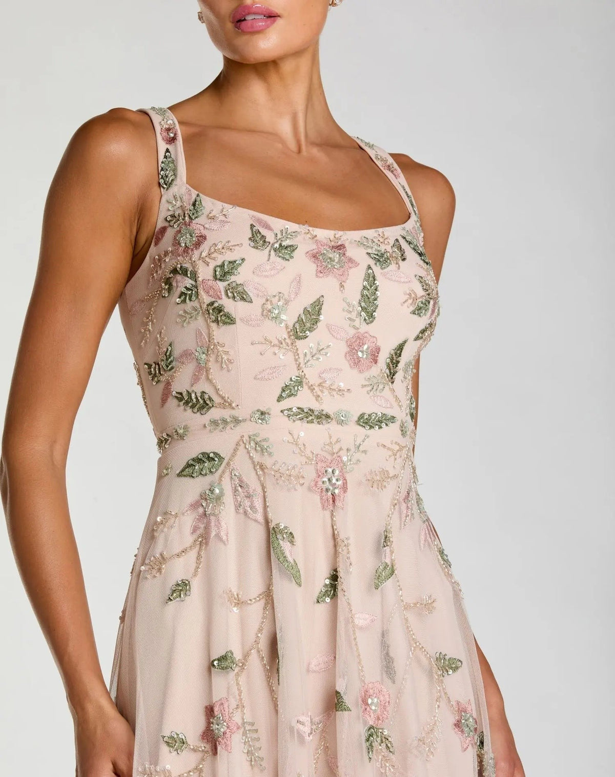 Porcelain Ruffle Midi Dress with Floral Embroidery