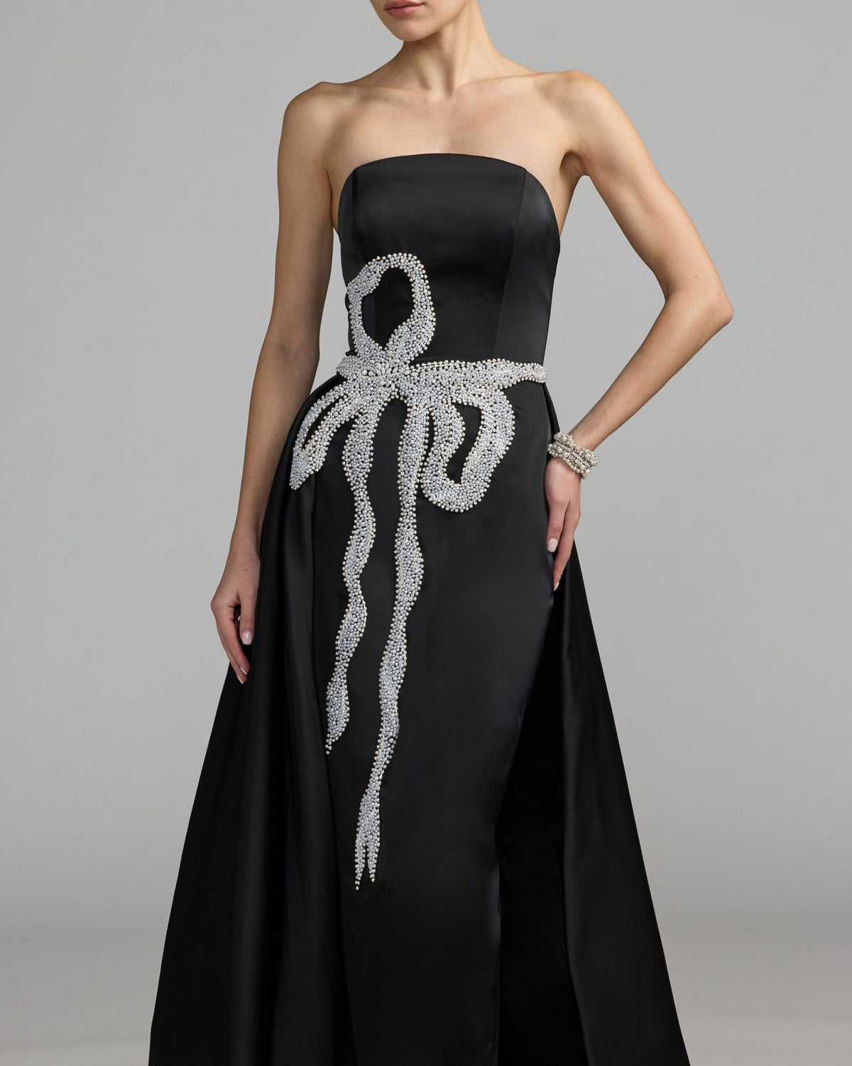 Black White Strapless Embellished Satin Gown with Overskirt