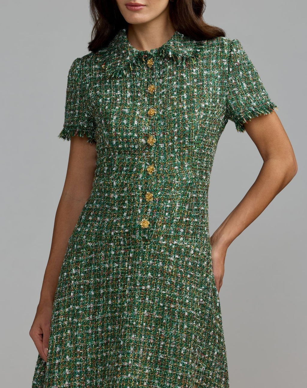 Emerald Multi Boucle Short Sleeve Button Up Midi Dress