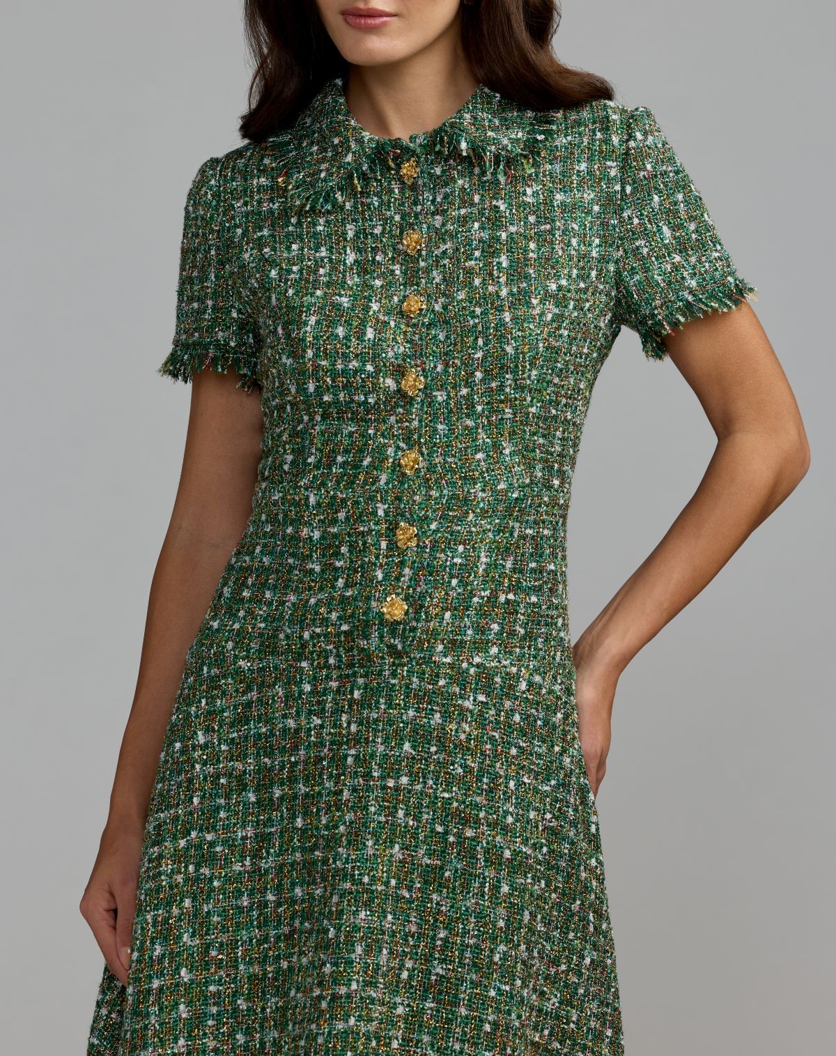 Emerald Multi Boucle Short Sleeve Button Up Midi Dress