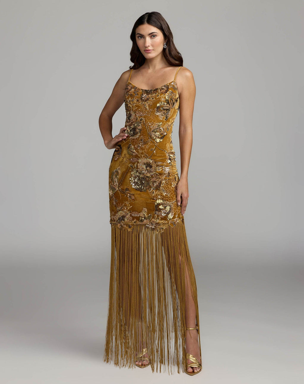 Gold Embellished Velvet Fringe Maxi Dress