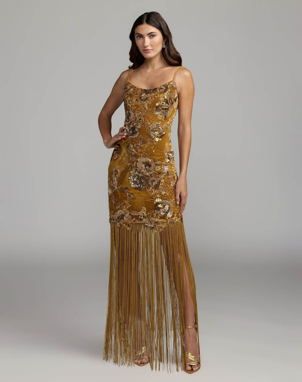 Gold Embellished Velvet Fringe Maxi Dress