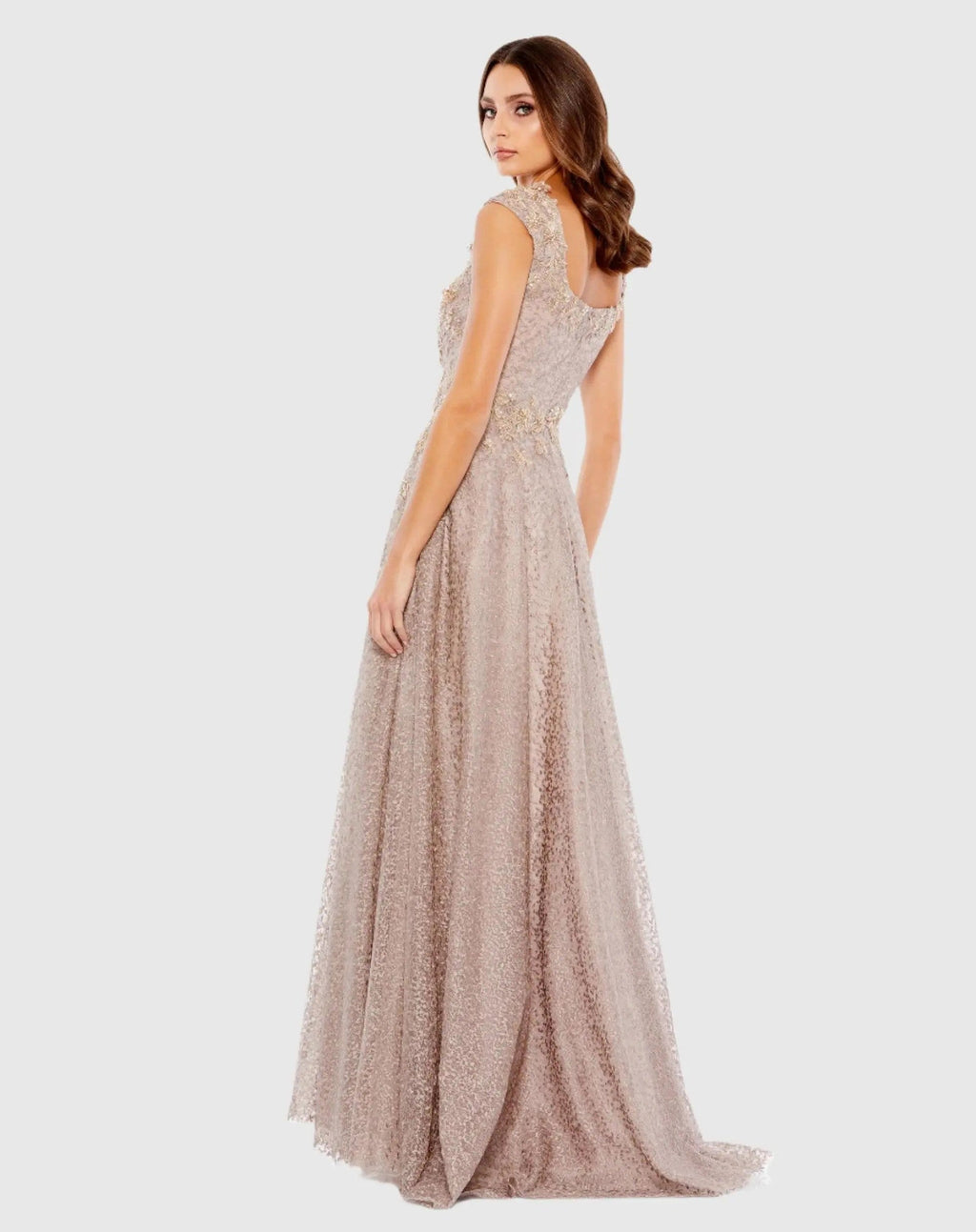 Mocha Floral Embroidered Cap Sleeve A-Line Gown