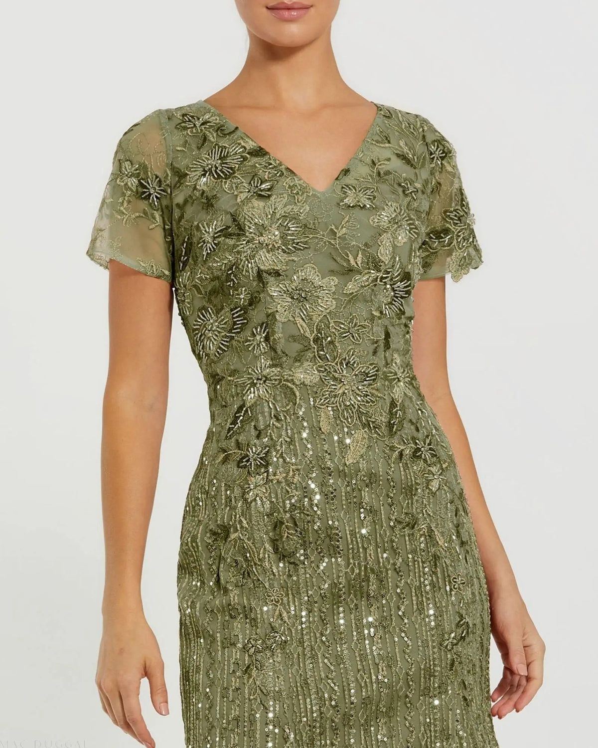 Olive Embellished V Neck Cap Sleeve Trumpet Gown