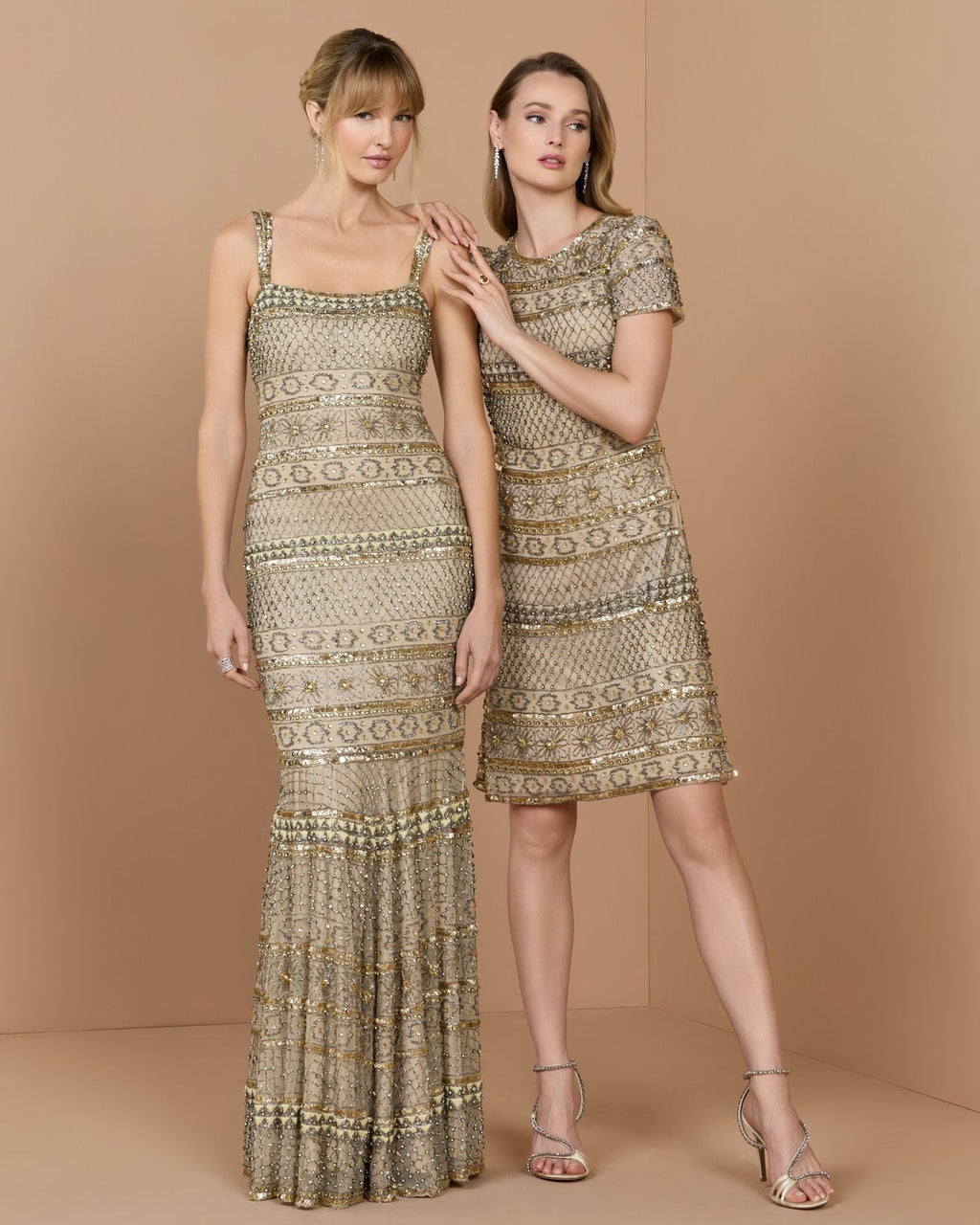 Nude Gold Short Sleeve Embellished Mini Dress