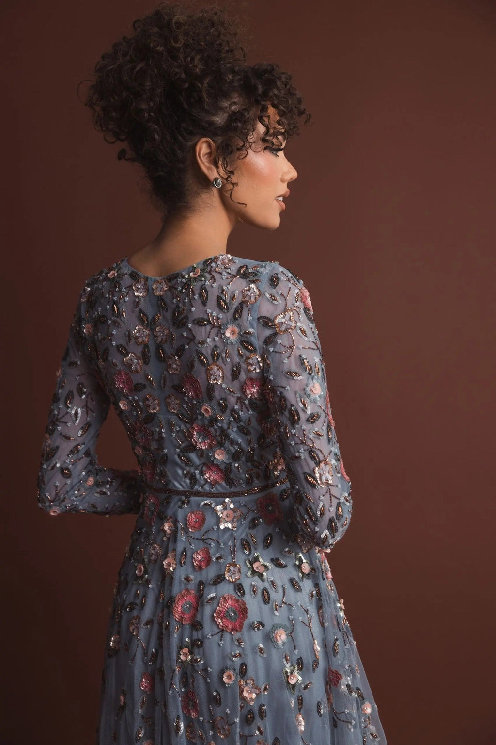 Grey Multi Embellished High Neck Long Sleeve A Line Gown
