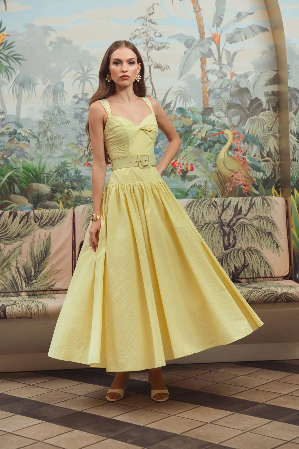 Yellow Sweetheart Belted Midi Dress