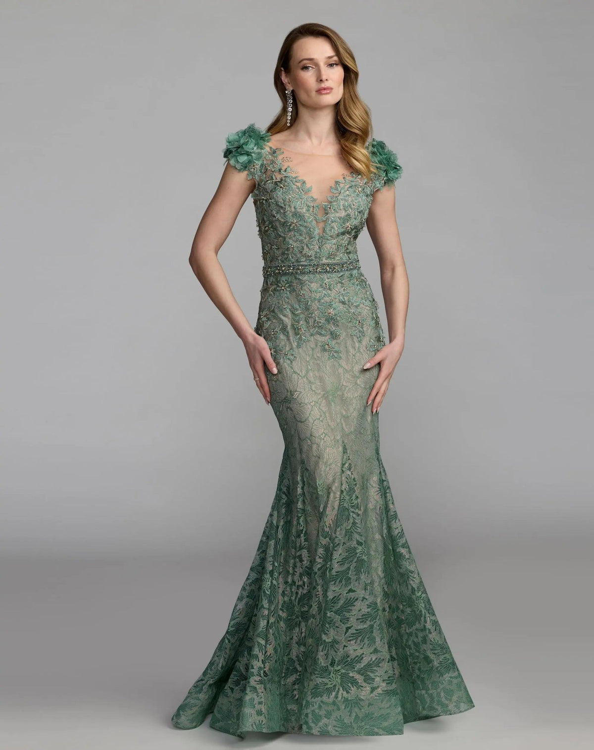 Sage Embellished Lace Illusion Neck Gown With 3D Flowers