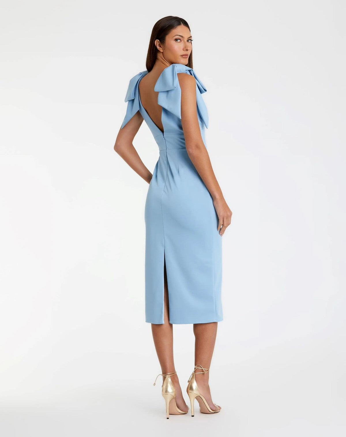 Powder Blue Sleeveless Crepe Midi Dress With Bow Straps