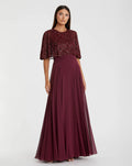 Red Beaded Cape A-Line Gown