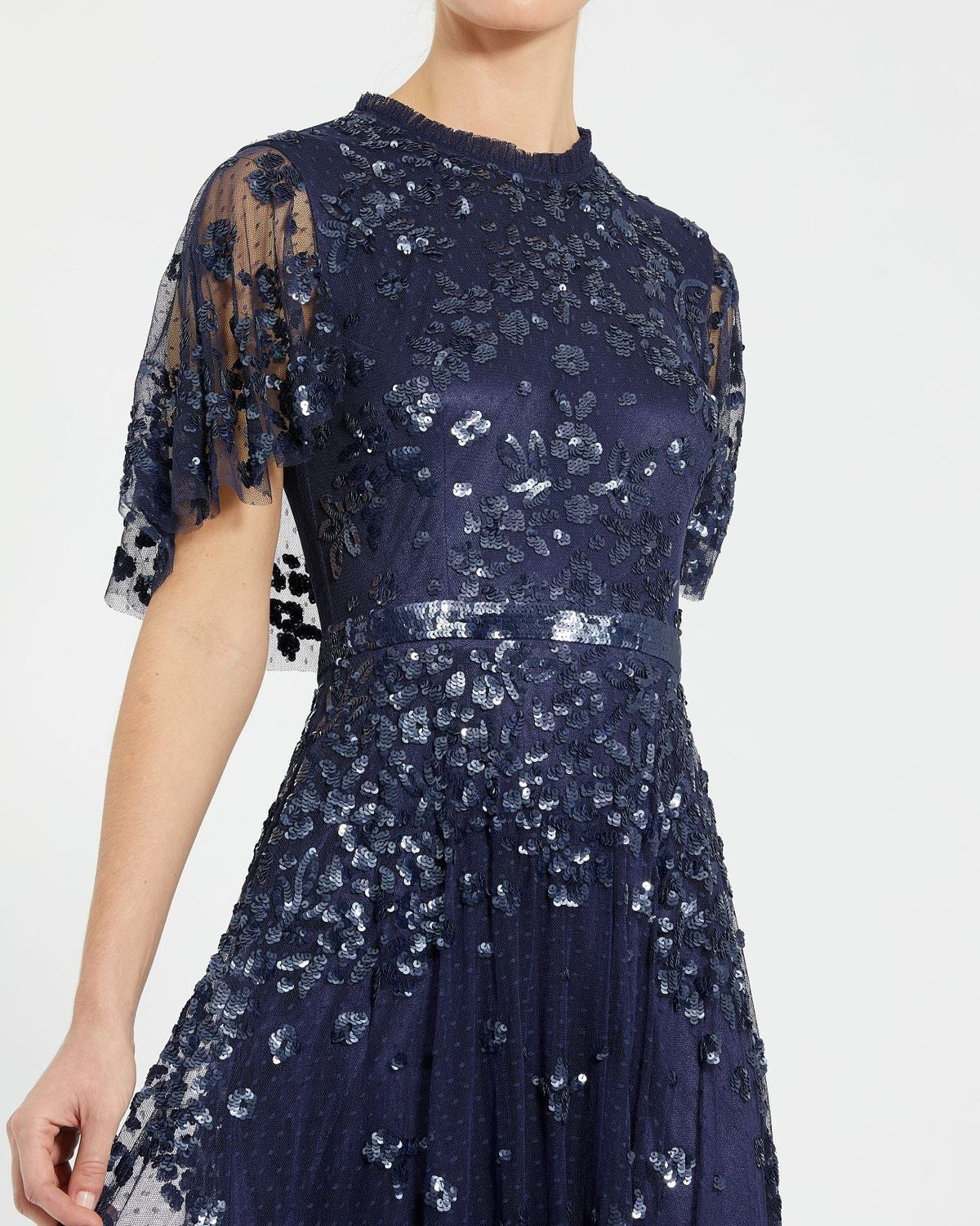 Petite Midnight Sequined High Neck Flutter Sleeve A Line Gown