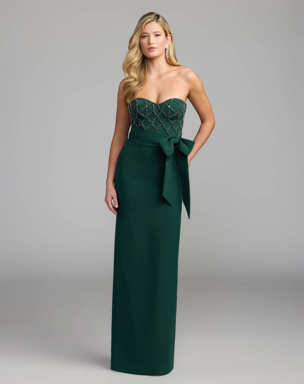 Emerald Strapless Embellished Crepe Gown With Bow