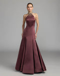 Deep Plum Satin Embellished Halter Mermaid Gown