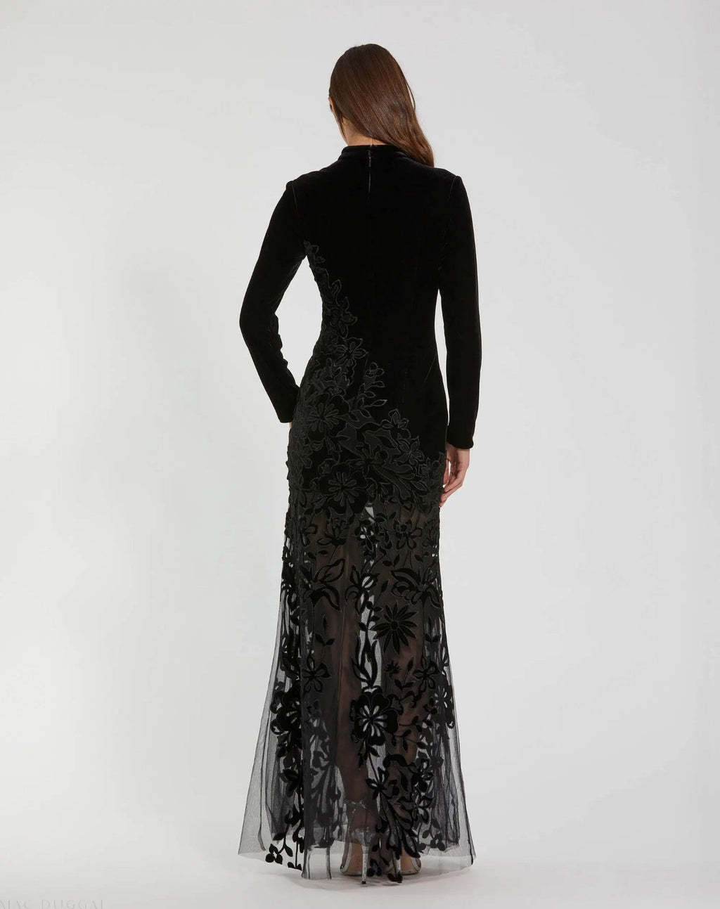Black Long Sleeve Sheer Floral Embroidered Velvet Dress
