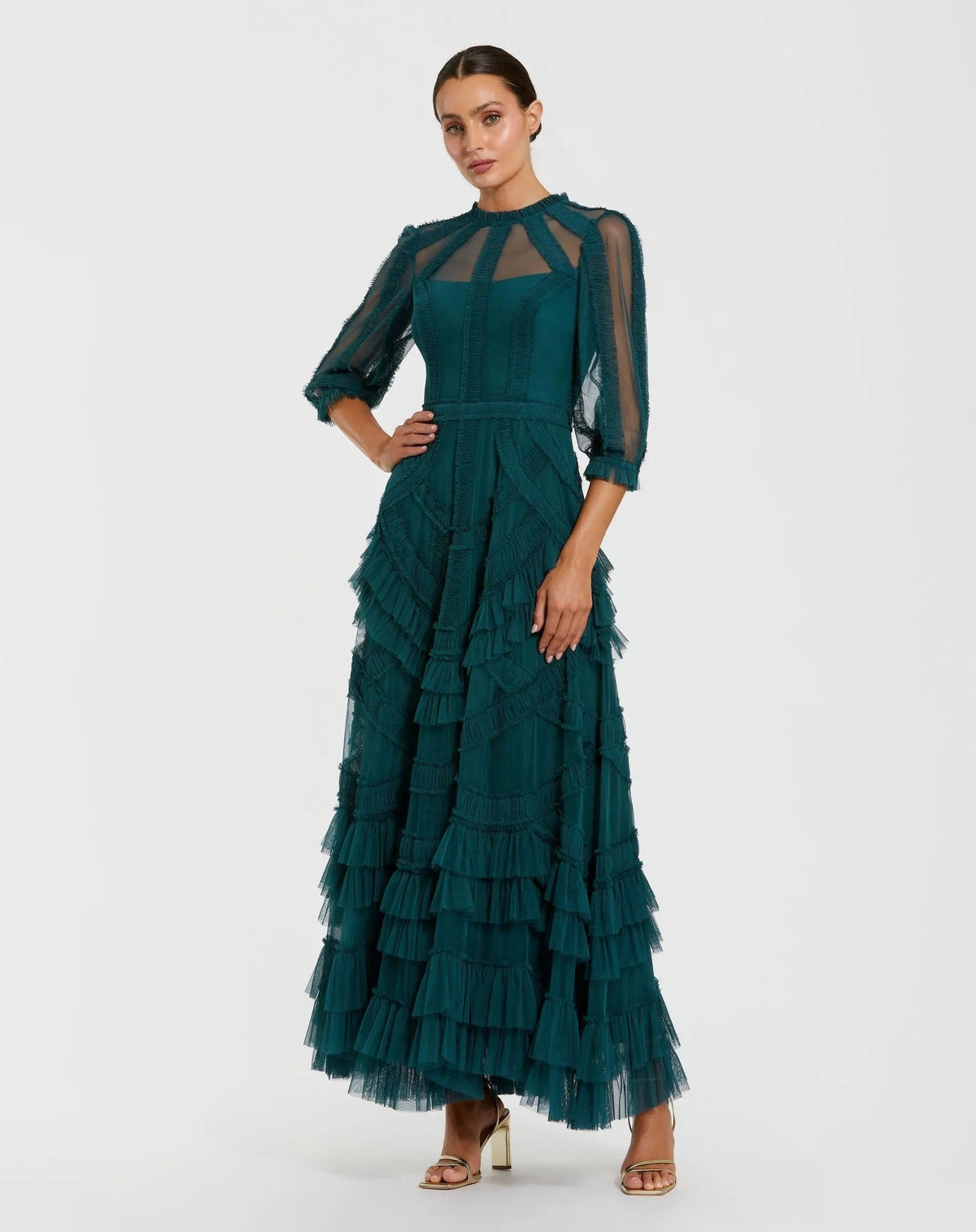 Teal High Neck Tiered Ruffle Maxi Dress