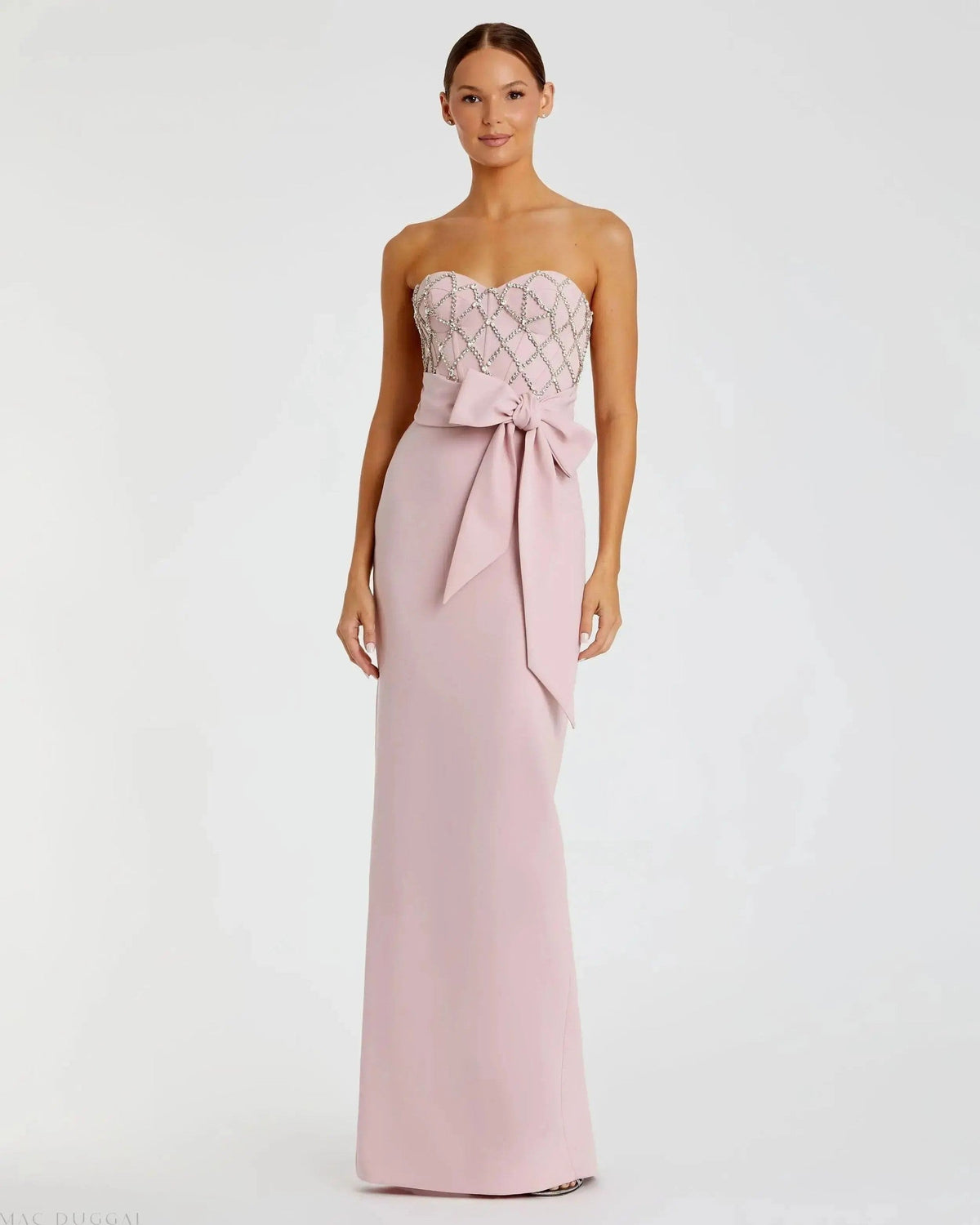 Embellished Strapless Bustier With Bow Crepe Gown