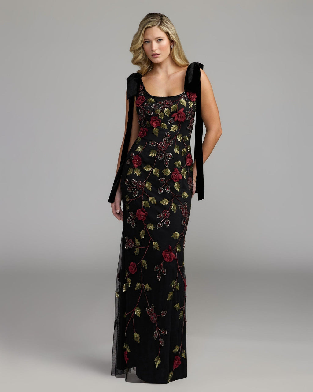 Black Red 3D Floral Embellished Gown With Velvet Bows