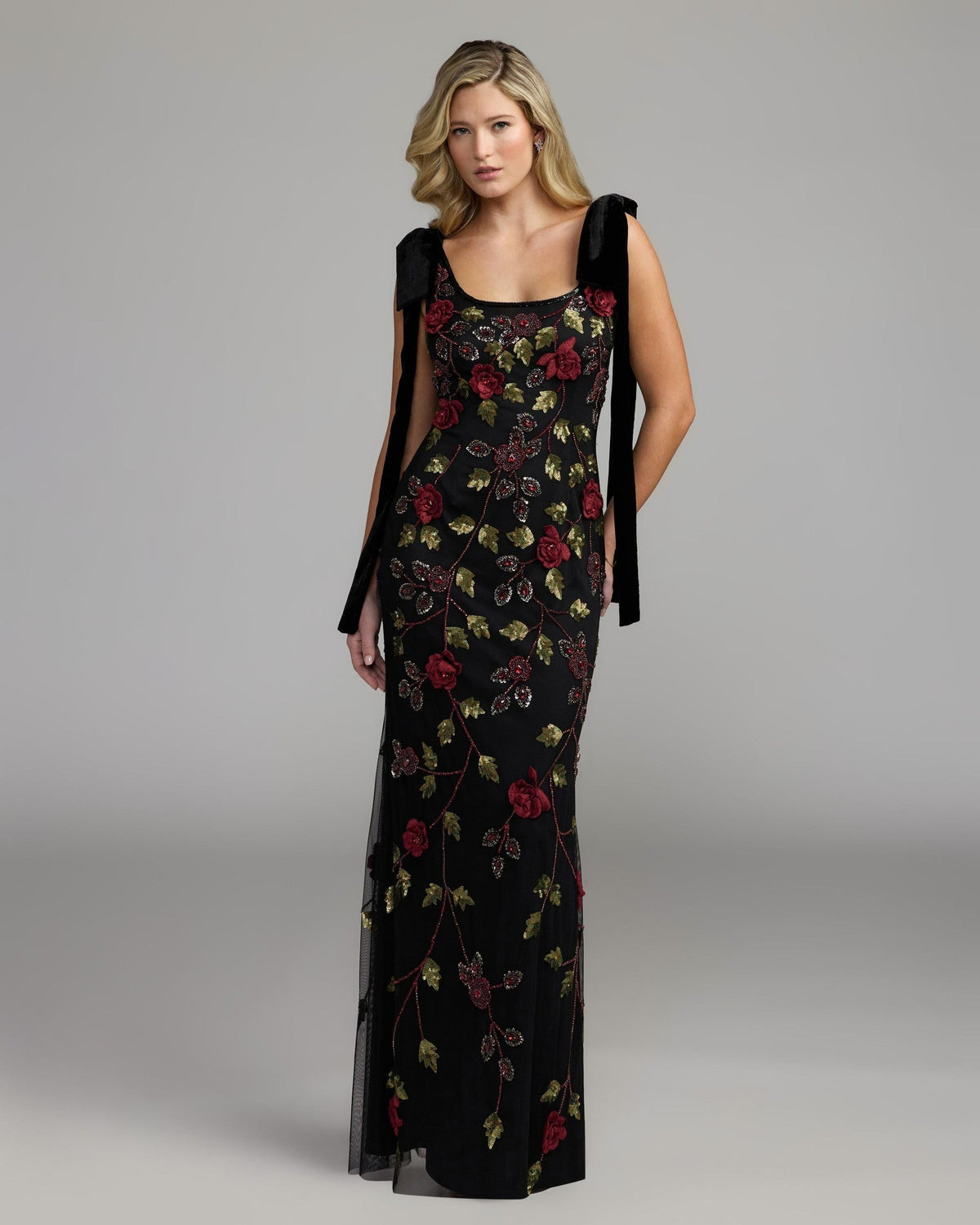 Black Red 3D Floral Embellished Gown With Velvet Bows
