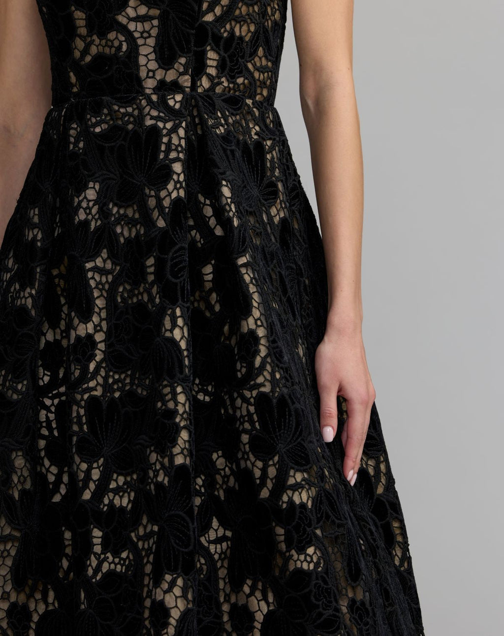 Black Nude Floral Lace Strapless A-Line Midi Dress