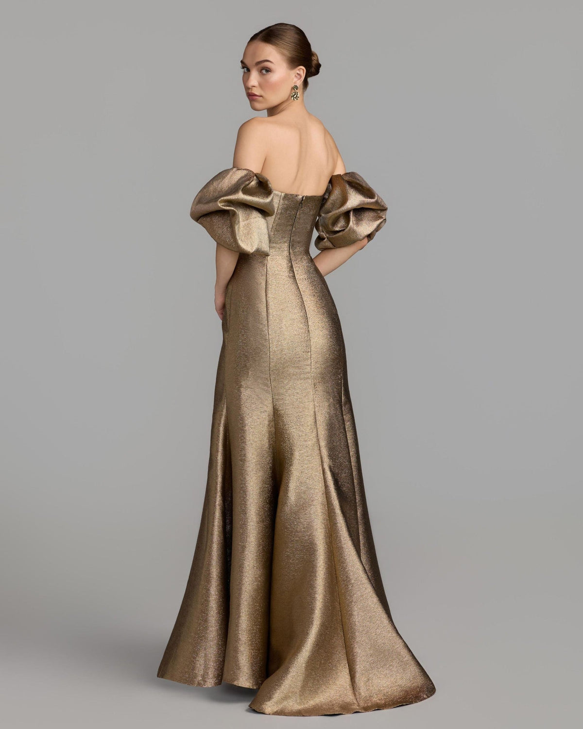 Gold Brocade Off The Shoulder Puff Sleeve Gown