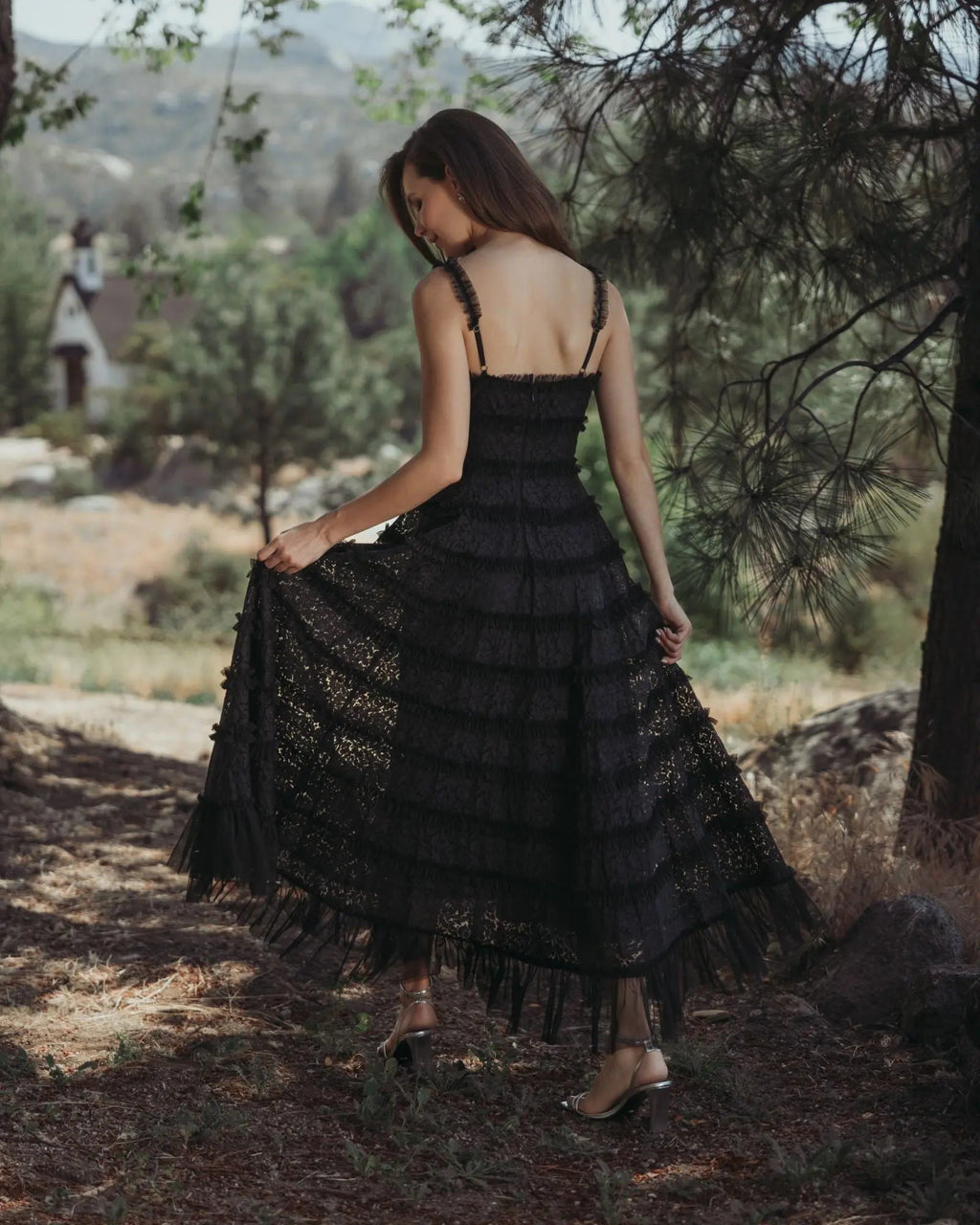 Black Floral Lace Ruffle Maxi Dress