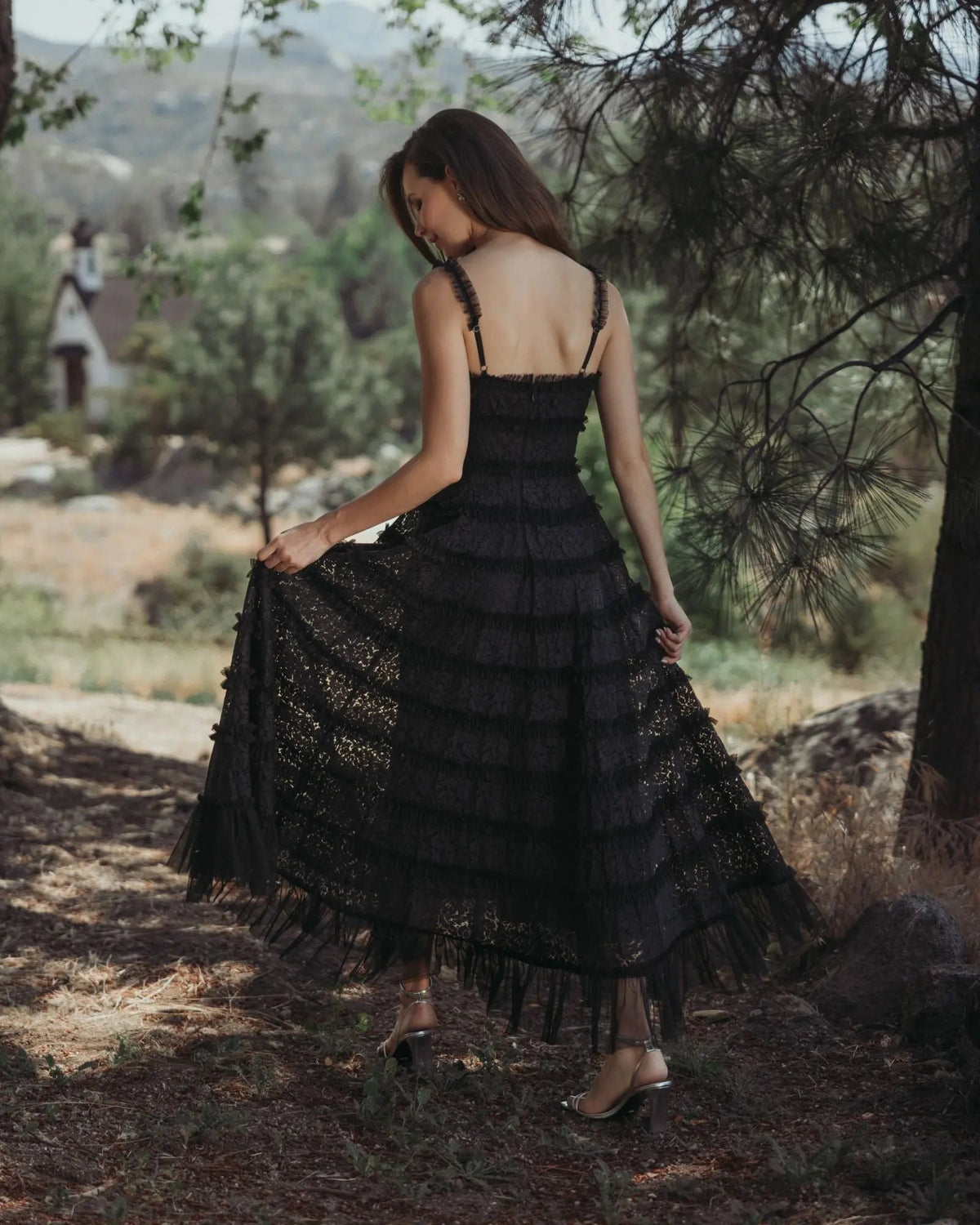 Black Floral Lace Ruffle Maxi Dress